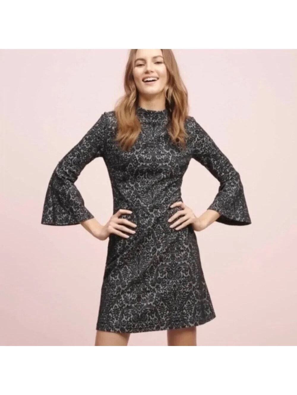 Loft EUC Women's Black Gray Damask Print Dress Bell Sleeve Size 14